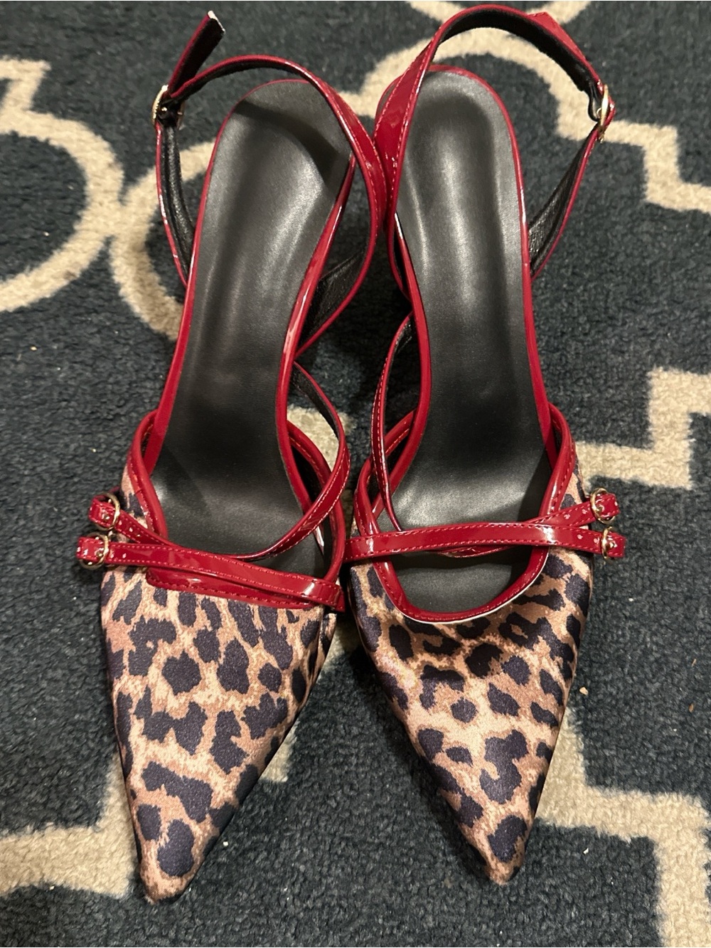 SHEIN Red Patent Strap Leopard Print Pointed-Toe Heels